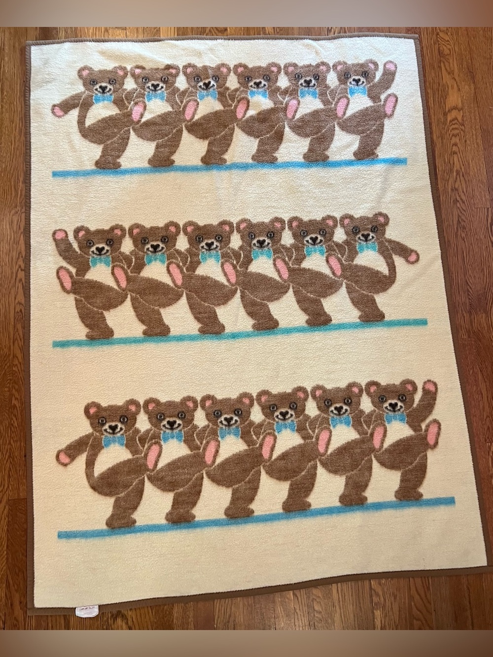 Vintage Biederlack Dancing Teddy Bear Blanket Fleece Reversible Brown Cream USA